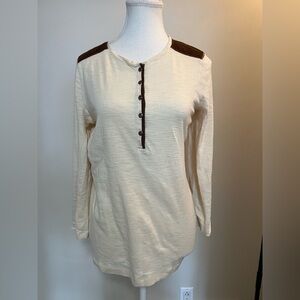 Ralph Lauren Cream Henley Top Faux Leather Trim Quiet Luxury Size L